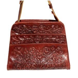 Vintage red tooled leather handbag purse Boho southwestern unique cowgirl bag